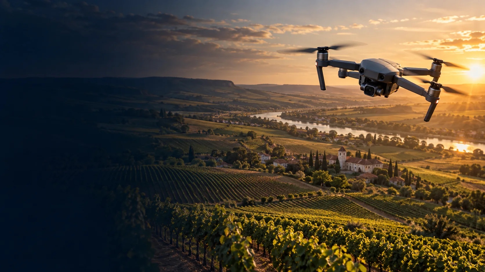 Ilustrație fotorealistă: dronă profesională în zbor deasupra unui peisaj cu podgorii